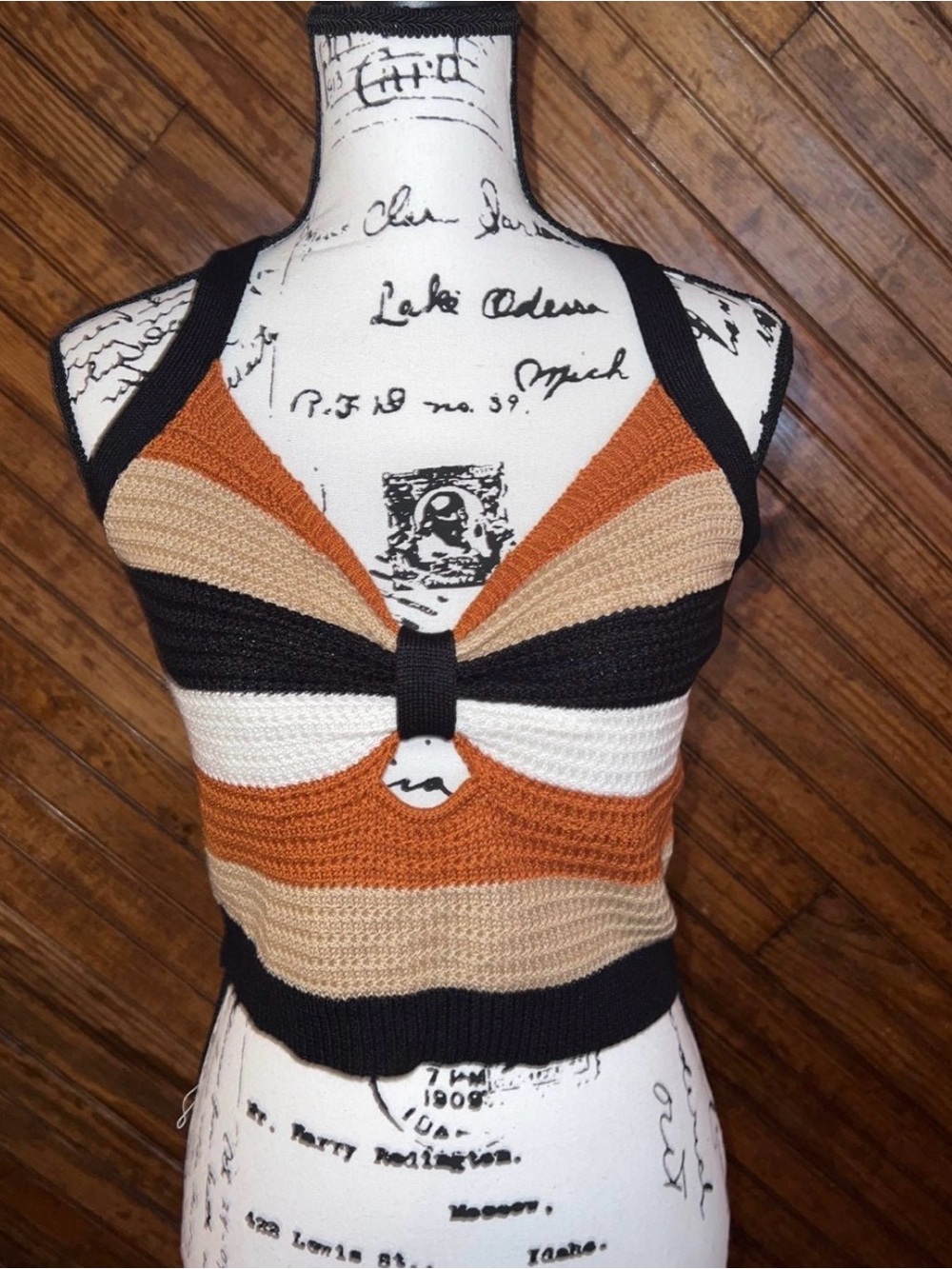 Striped Crochet Halter Crop Top in Rust, Beige, Black & White